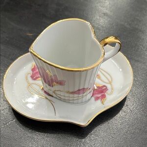 Marumi Heart-Shaped Demitasse and Saucer with Gold Trim